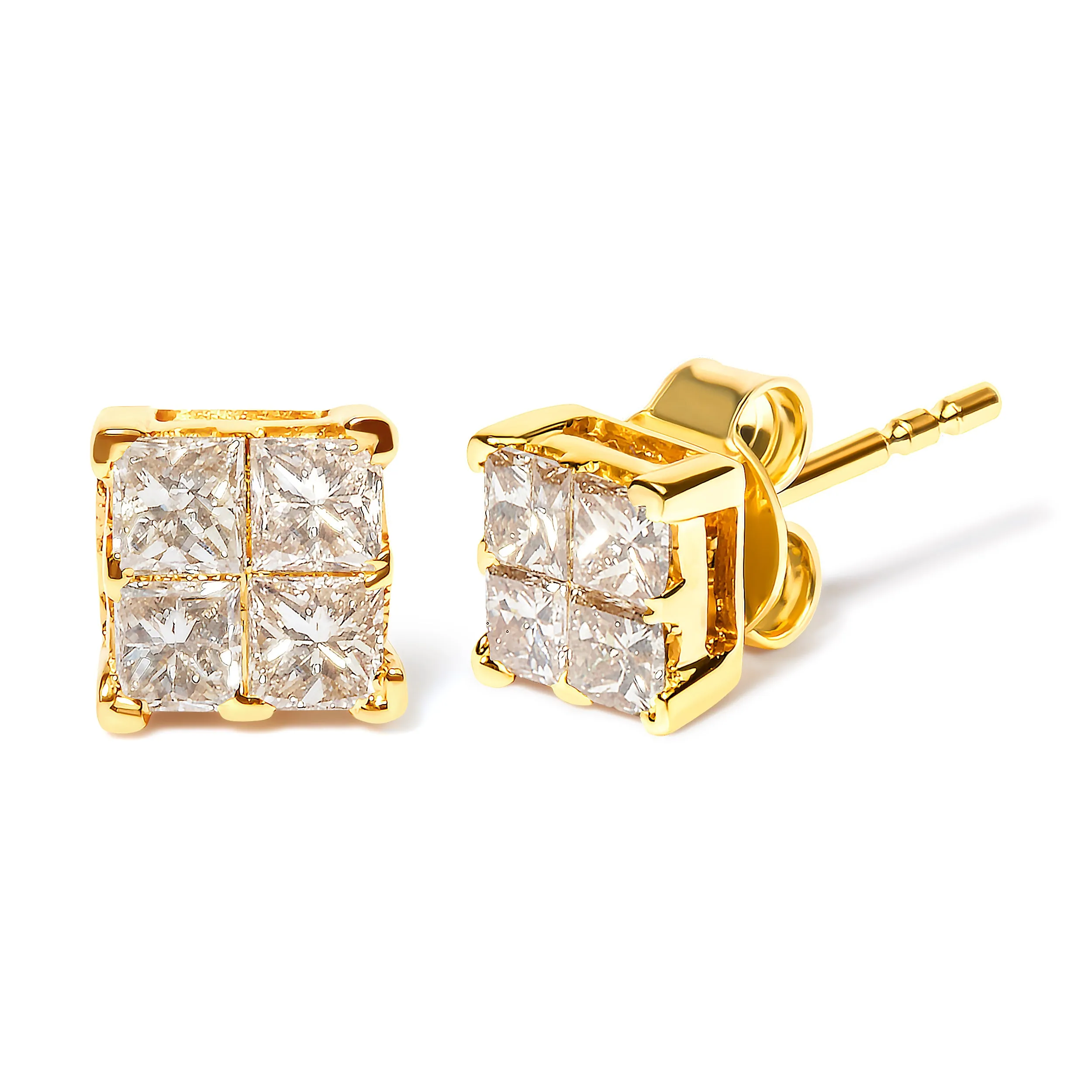 10K Yellow Gold 3/4 Cttw Invisible Set Princess-Cut Diamond Composite Square Stud Earrings