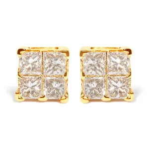 10K Yellow Gold 3/4 Cttw Invisible Set Princess-Cut Diamond Composite Square Stud Earrings