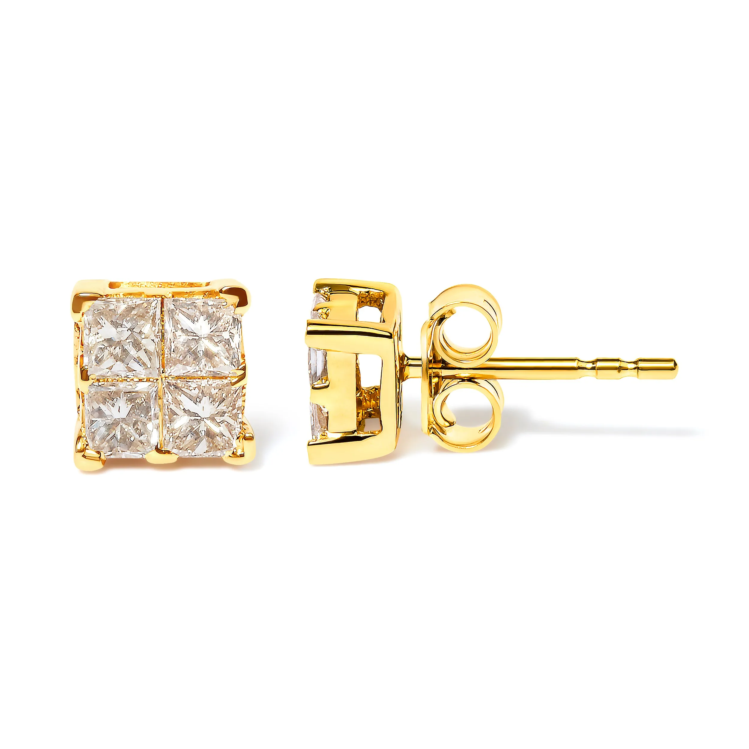 10K Yellow Gold 3/4 Cttw Invisible Set Princess-Cut Diamond Composite Square Stud Earrings