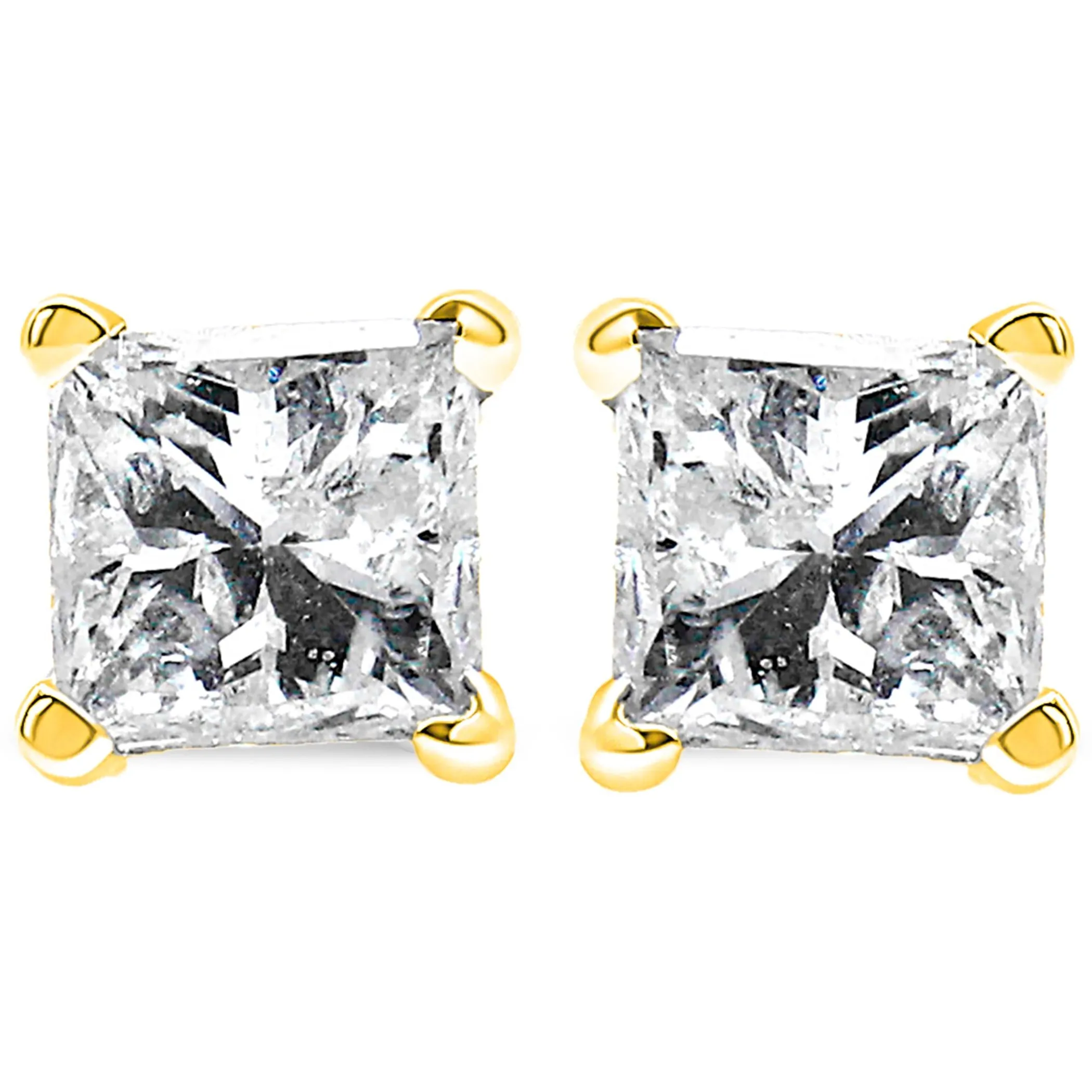 10K Yellow Gold 3/4 Cttw Princess-Cut Square Near Colorless Diamond Classic 4-Prong Solitaire Stud Earrings (J-K Color, I2-I3 Clarity)