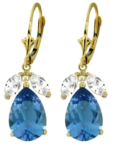 13 Carat 14K Solid White Gold Leverback Earrings Blue Topaz White Topaz