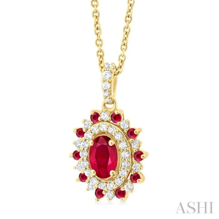 1/4 ctw Floral 6X4MM Oval & 1.55MM Round Cut Ruby and Round Cut Diamond Precious Pendant With Chain in 14K Yellow Gold