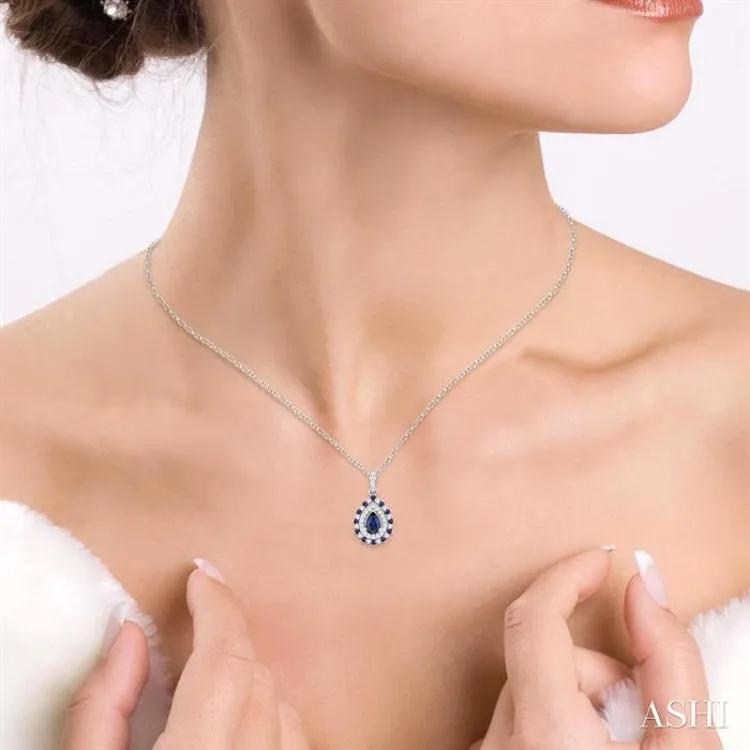 1/4 ctw Floral 6X4MM Oval & 1.55MM Round Cut Sapphire and Round Cut Diamond Precious Pendant With Chain in 14K White Gold