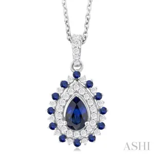 1/4 ctw Floral 6X4MM Oval & 1.55MM Round Cut Sapphire and Round Cut Diamond Precious Pendant With Chain in 14K White Gold