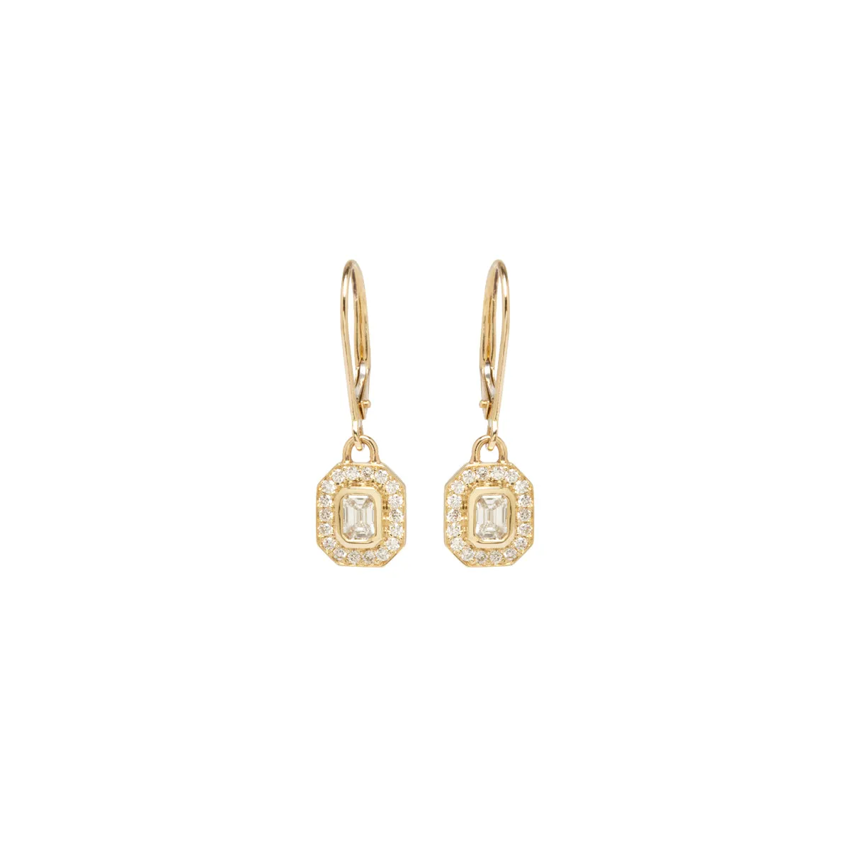 14k Emerald Cut Diamond Halo Drop Earrings