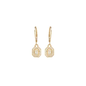 14k Emerald Cut Diamond Halo Drop Earrings