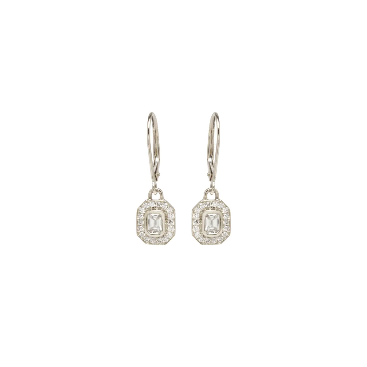 14k Emerald Cut Diamond Halo Drop Earrings