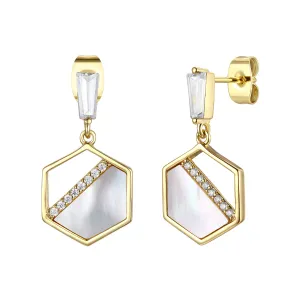 14k Gold Plated Sterling Silver With Mother Of Pearl & Diamond Cubic Zirconia Hexagon Dangle Earrings