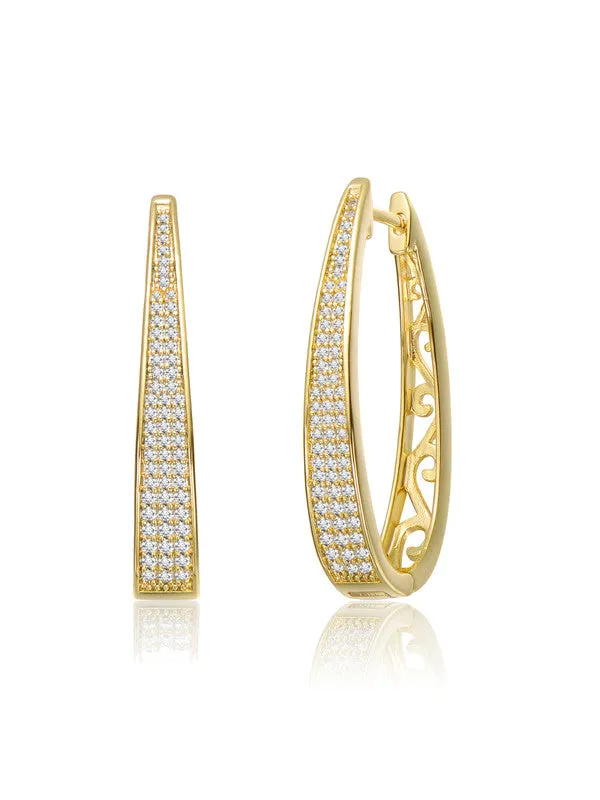 14k Gold Plated with Clear Cubic Zirconia Pave Oblong Oval Hoop Earrings