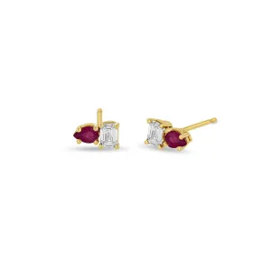 14k Pear Ruby & Emerald Cut Diamond Studs