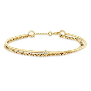 14k Princess Diamond Cuff & Small Curb Chain Double Bracelet