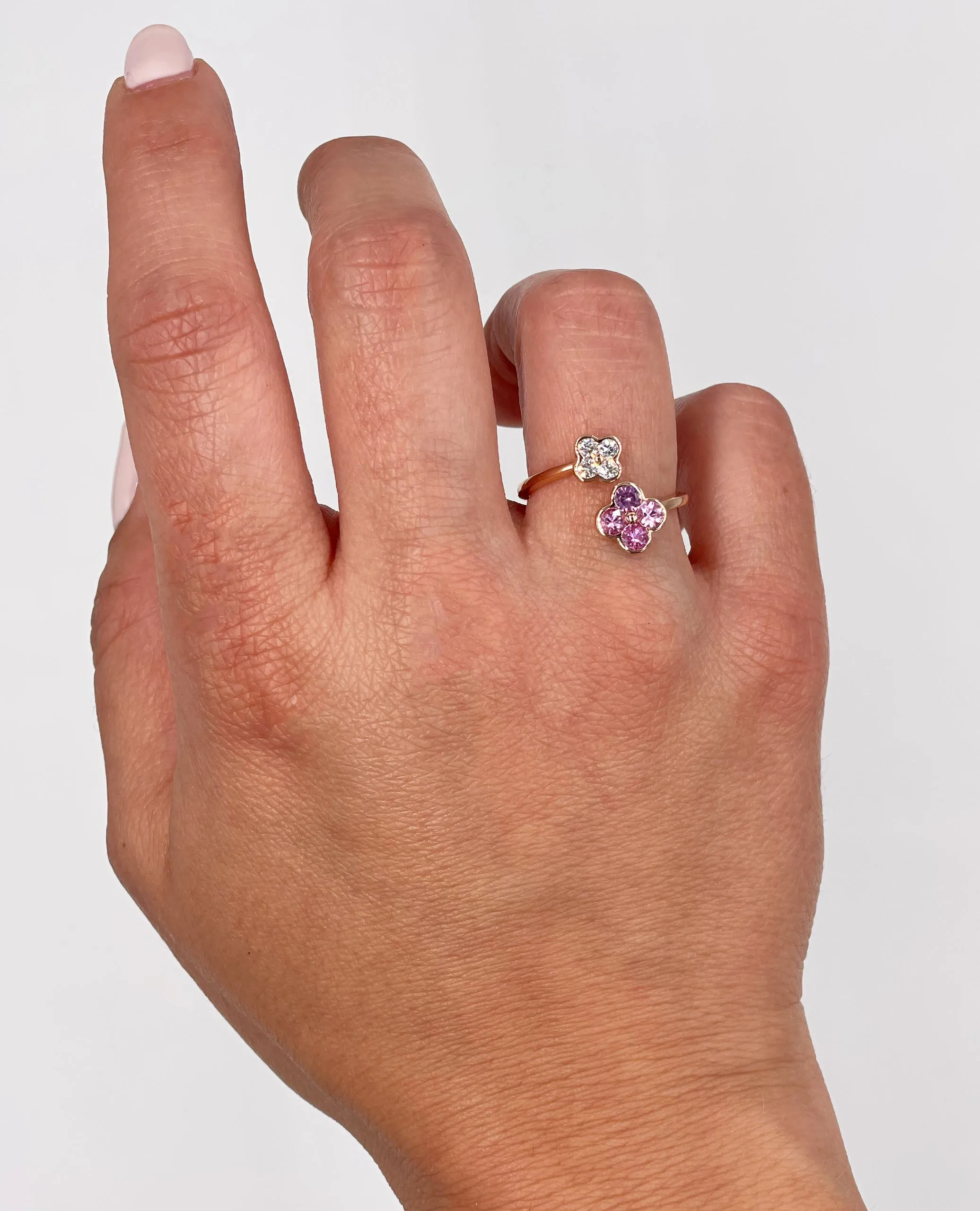 14K Rose Gold with Pink Sapphire & Diamond Flowers- Size 6.5