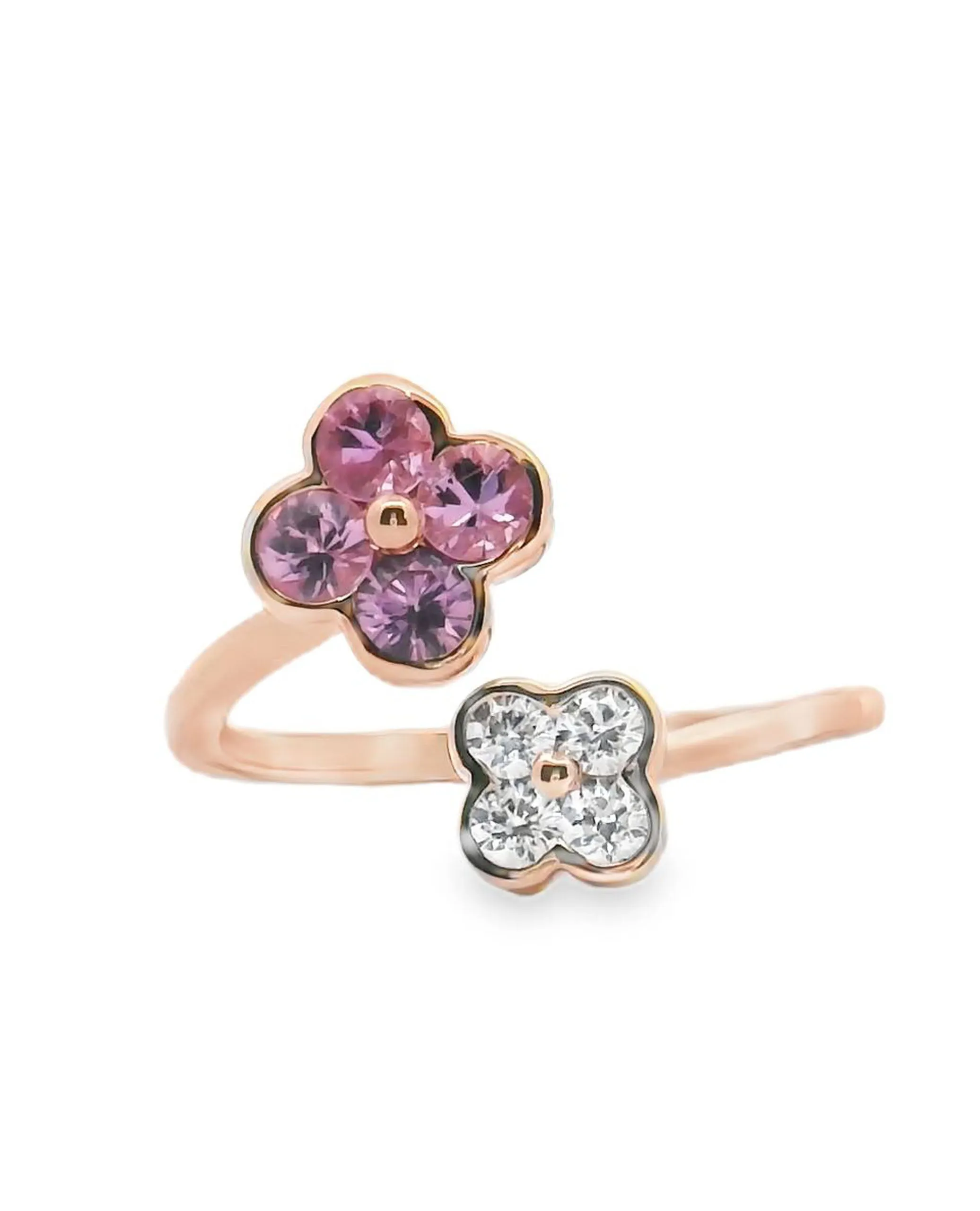 14K Rose Gold with Pink Sapphire & Diamond Flowers- Size 6.5