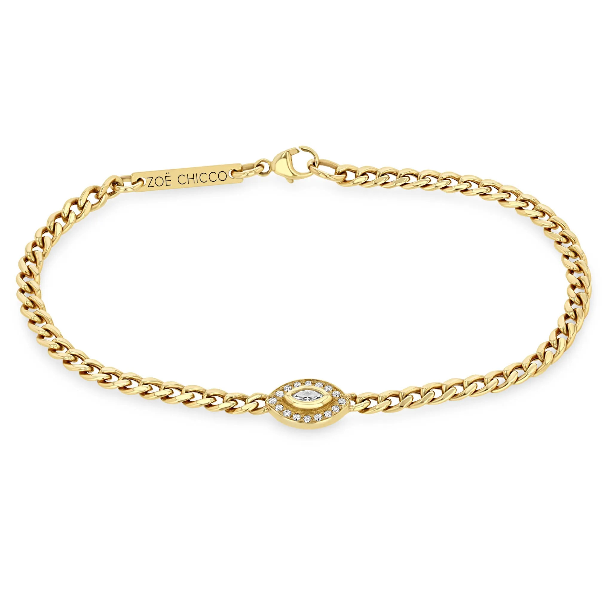 14k Small Curb Chain Marquise Diamond Halo Bracelet