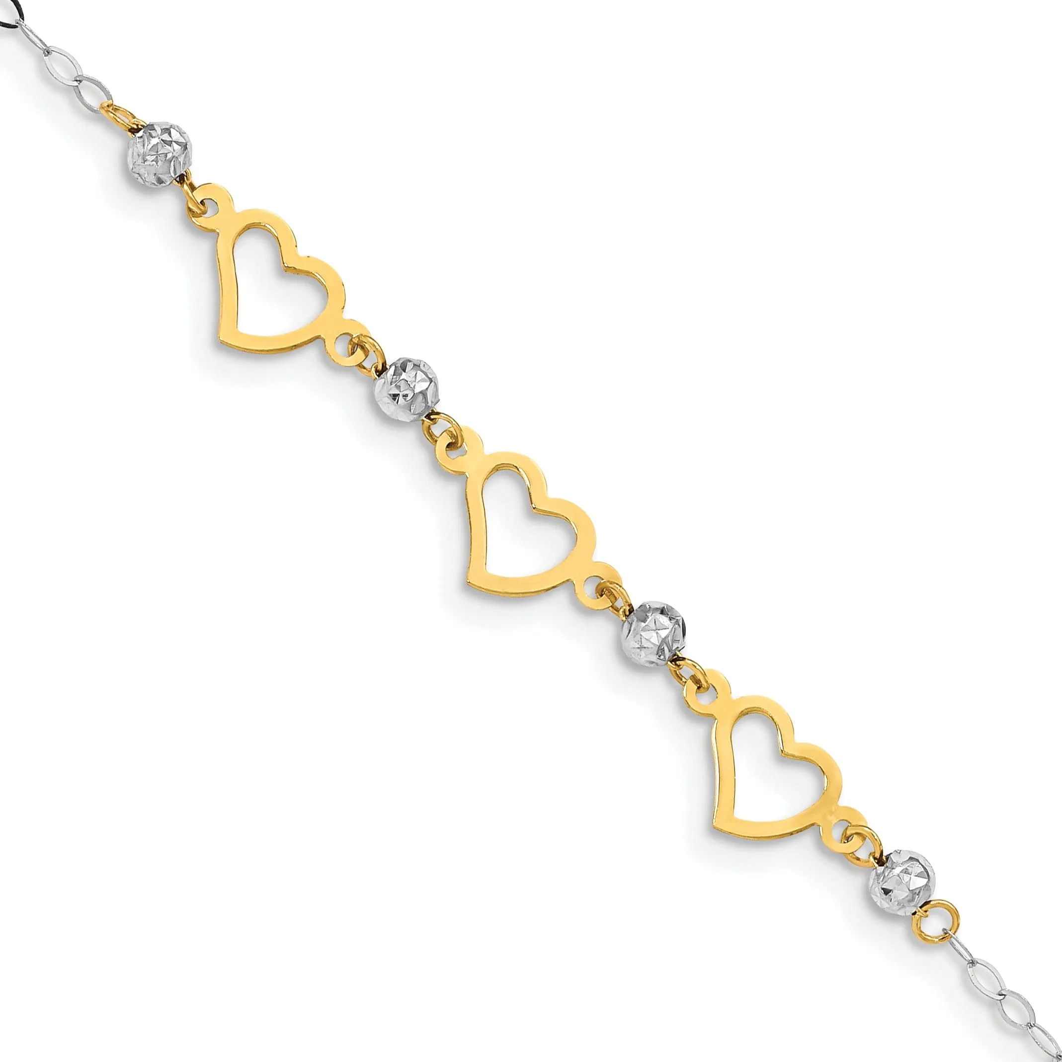 14K two-tone gold bracelet beads heart design, this 7.5-inch