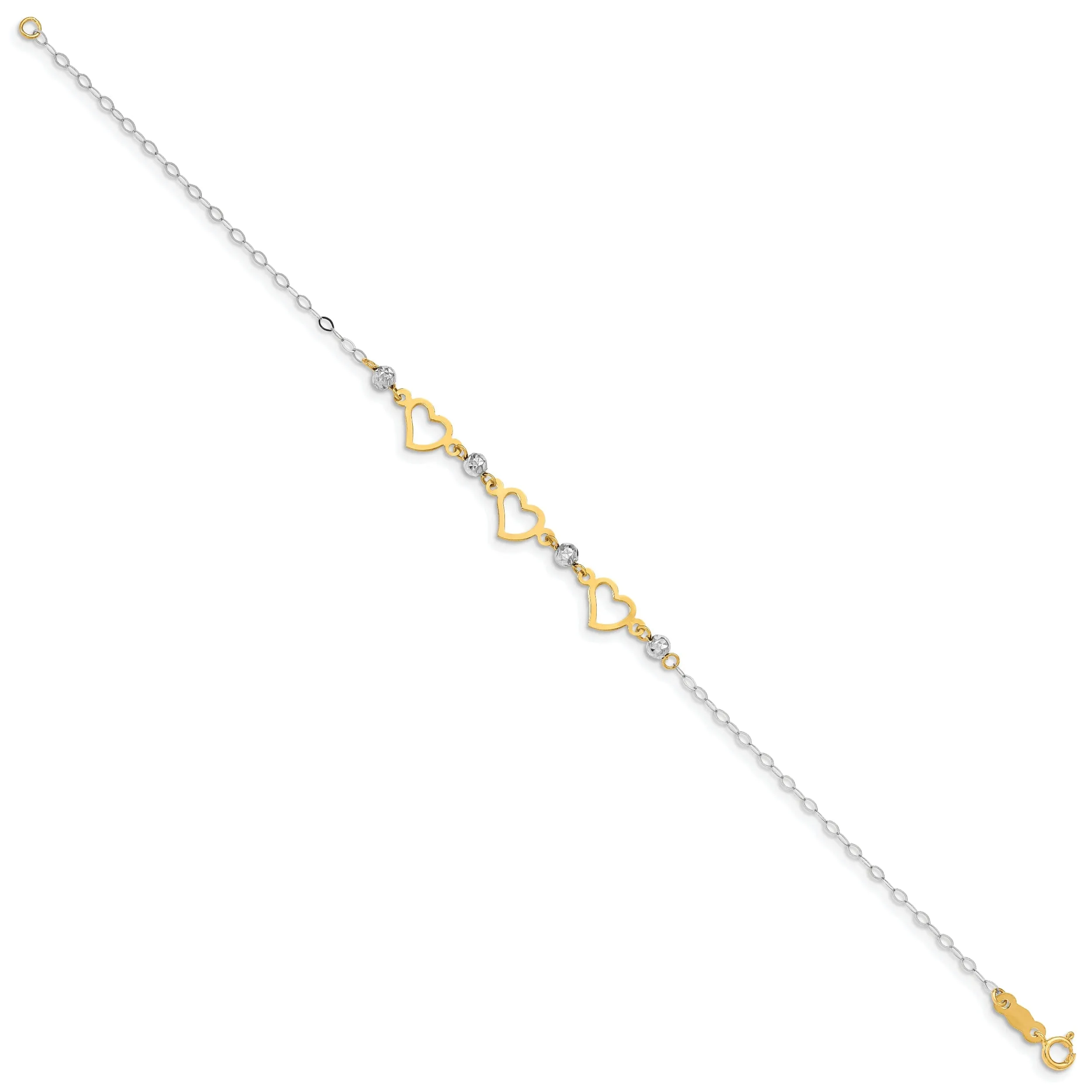 14K two-tone gold bracelet beads heart design, this 7.5-inch