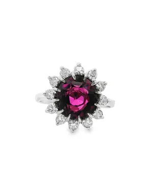 14K White Gold Halo Cocktail Ring with Rhodolite and Diamonds