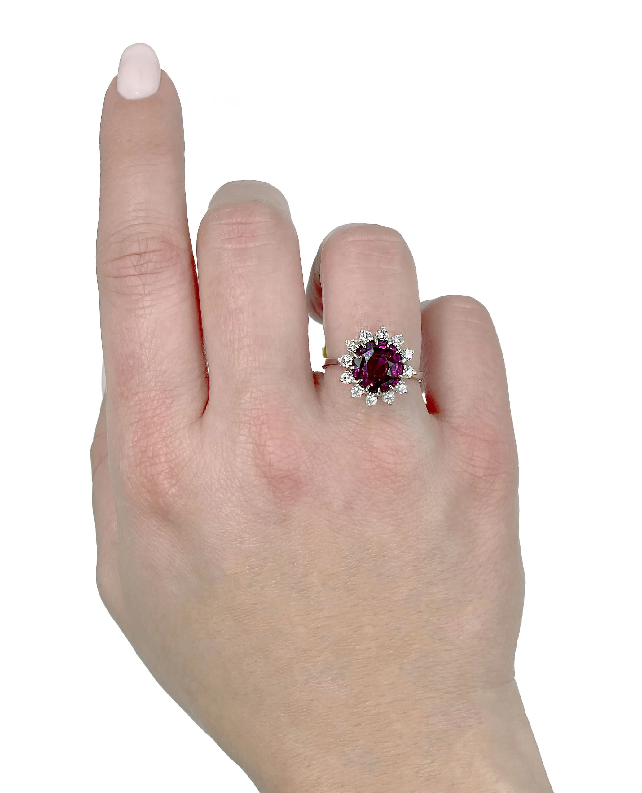 14K White Gold Halo Cocktail Ring with Rhodolite and Diamonds