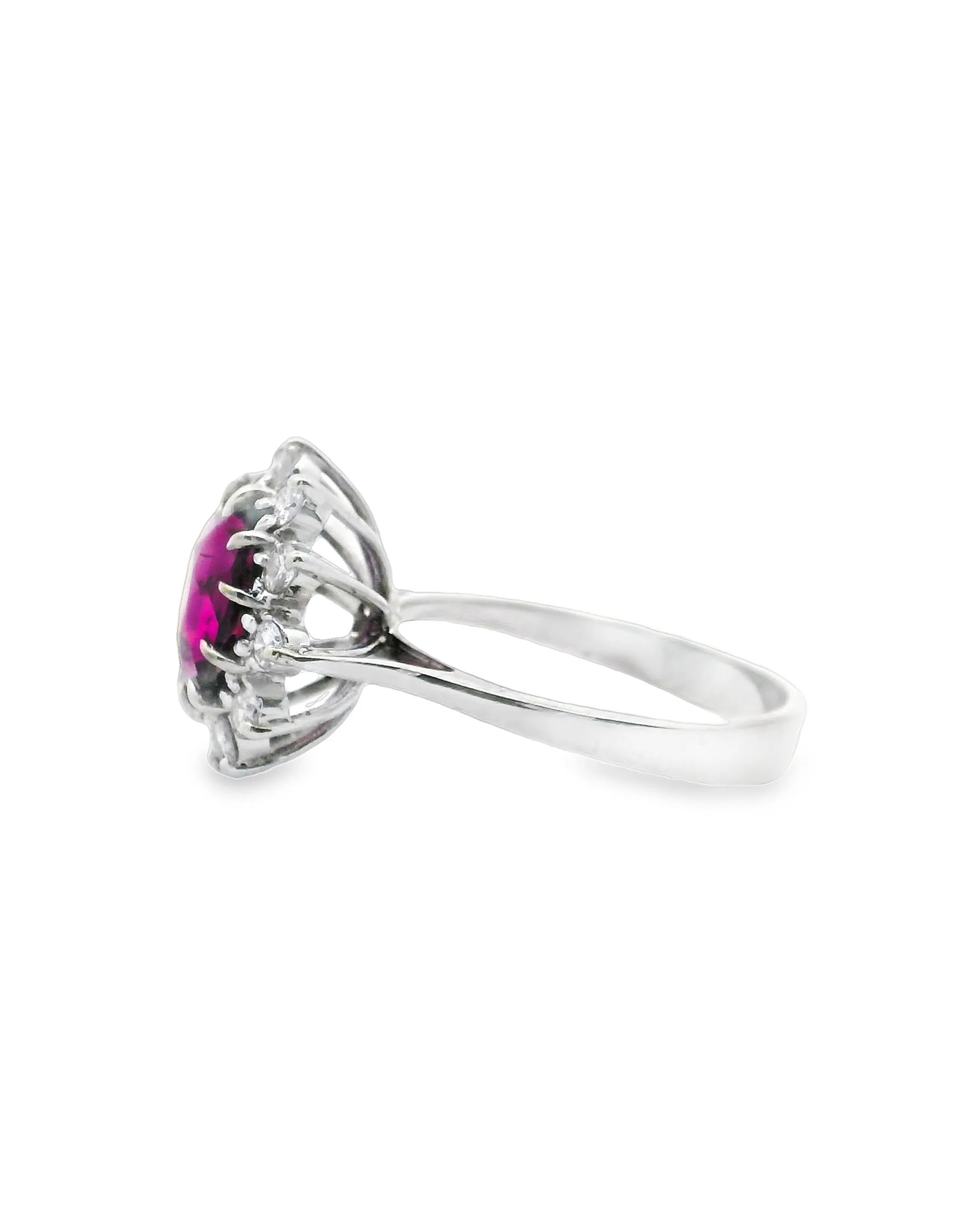 14K White Gold Halo Cocktail Ring with Rhodolite and Diamonds