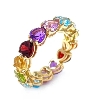 14K Yellow Gold Heart Shape Rainbow Eternity Ring