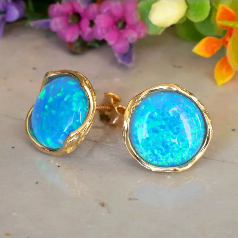 14K Yellow Gold Round Blue Opal 12mm Stud Earrings