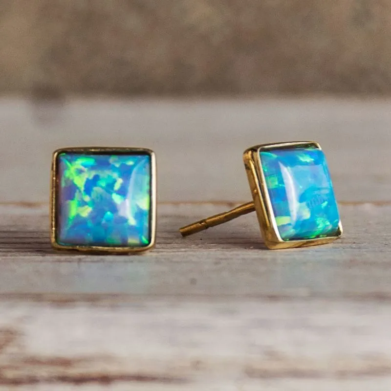 14K Yellow Gold Square Blue Opal 6X6mm Stud Earrings