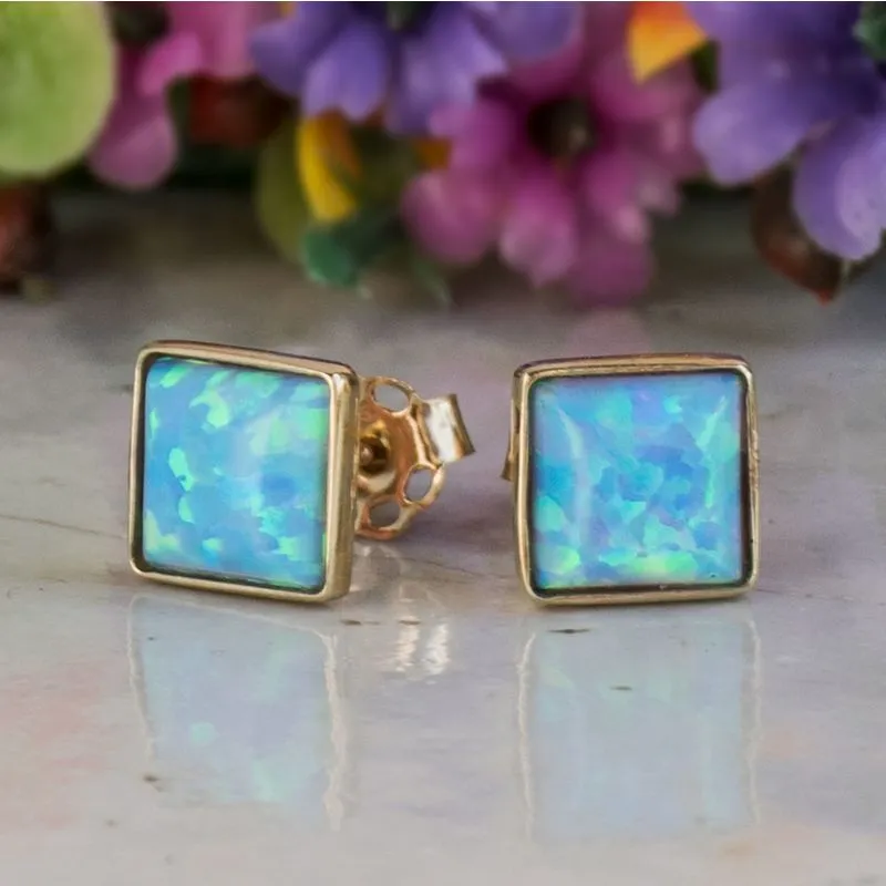 14K Yellow Gold Square Blue Opal 6X6mm Stud Earrings