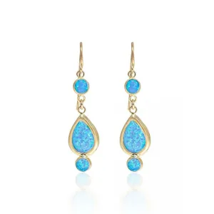 14K Yellow Gold Teardrop Blue Opal 7X10mm Dangle Earrings