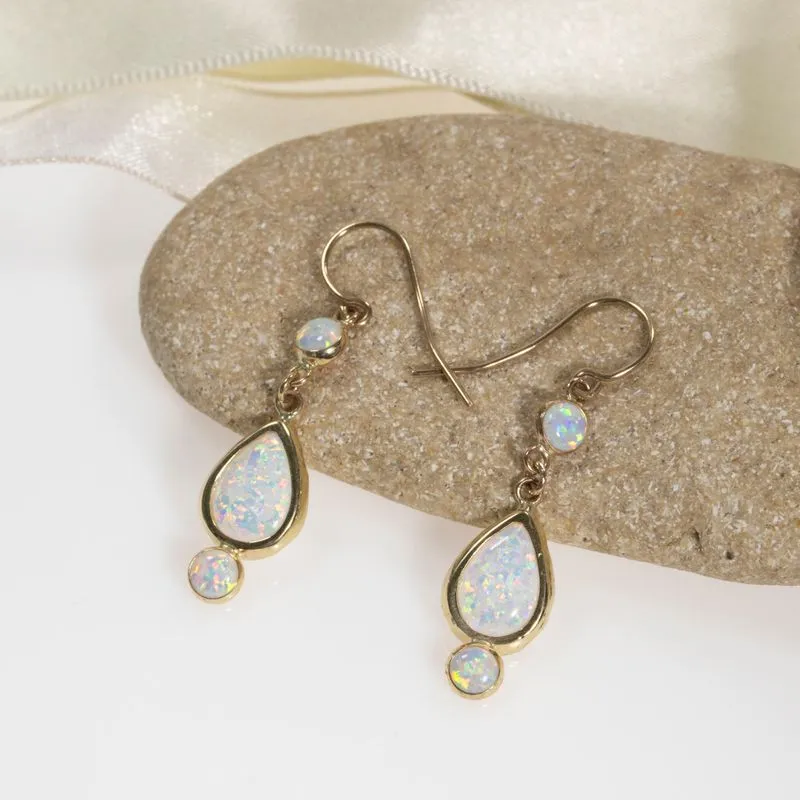 14K Yellow Gold Teardrop White Opal 7X10mm Dangle Earrings