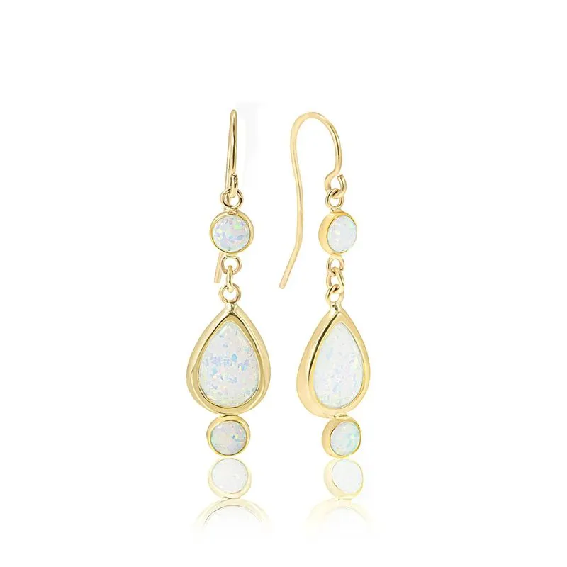 14K Yellow Gold Teardrop White Opal 7X10mm Dangle Earrings