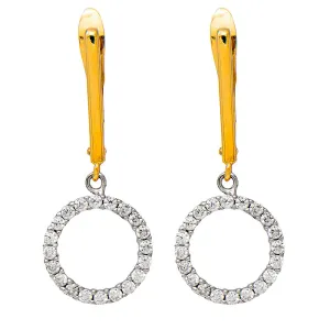 14k Yellow Gold Tiny CZ Circle Halo Dangle Earrings, 10mm