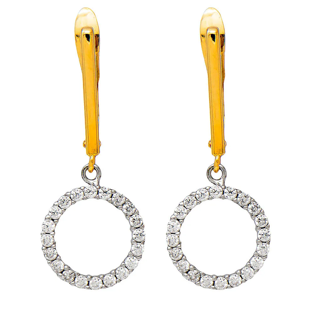 14k Yellow Gold Tiny CZ Circle Halo Dangle Earrings, 10mm