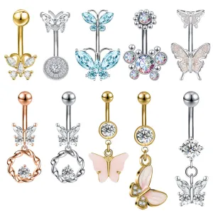 16G Butterfly Navel Belly Piercing Stainless Steel Belly Button Ring Women Colorful Crystal Butterfly Sexy Body Piercing Gift