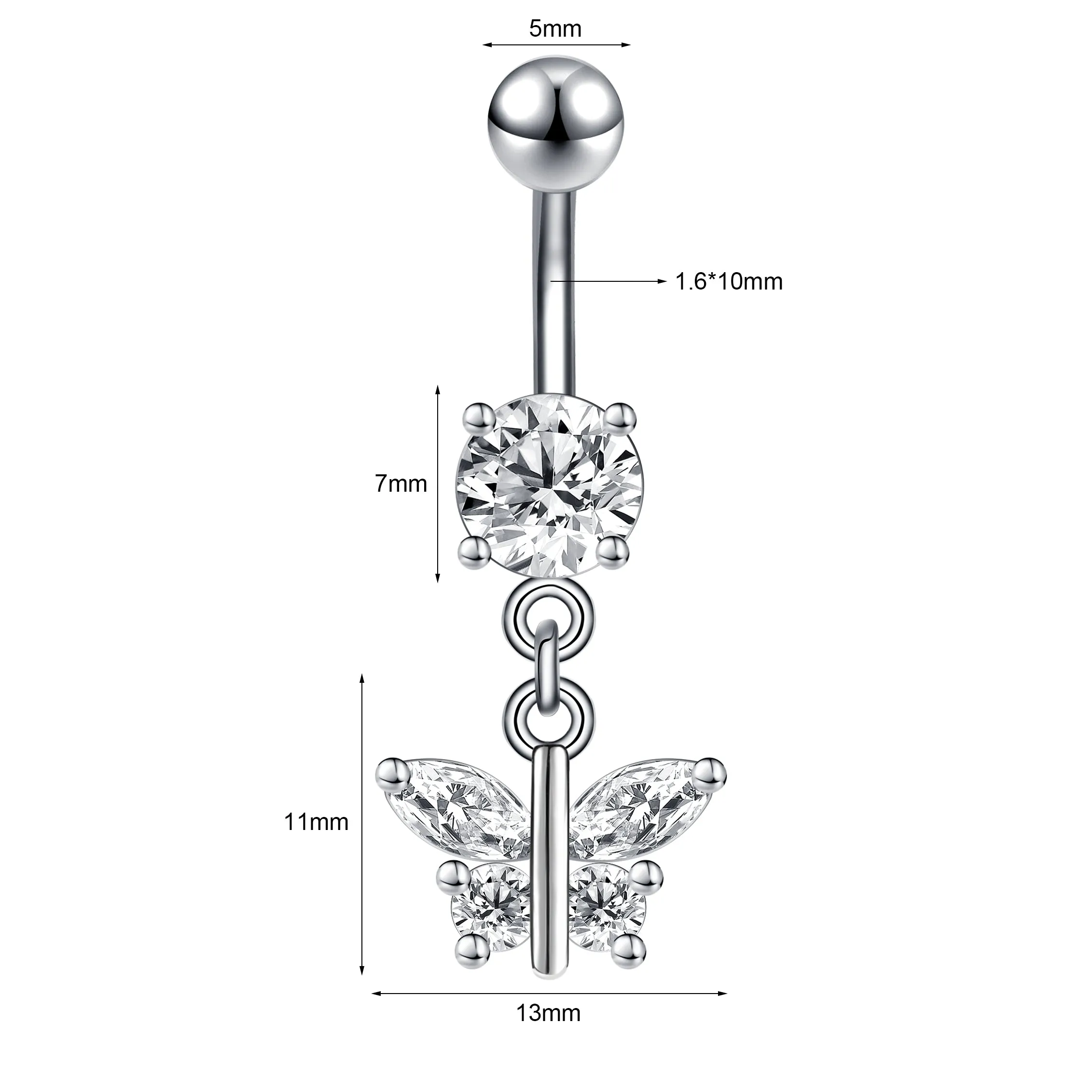 16G Butterfly Navel Belly Piercing Stainless Steel Belly Button Ring Women Colorful Crystal Butterfly Sexy Body Piercing Gift