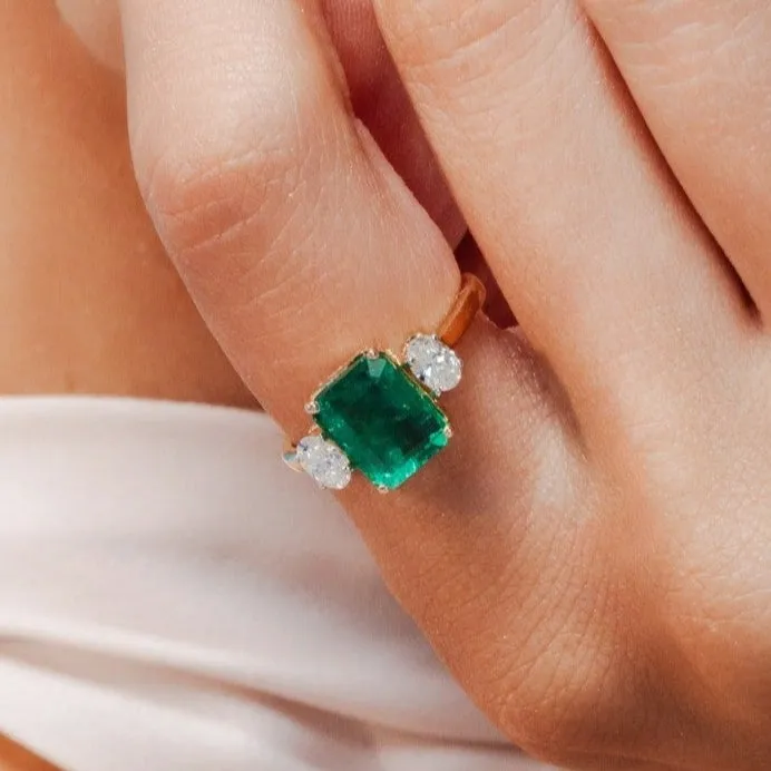 18K Gold Emerald Diamond Three Stone Ring