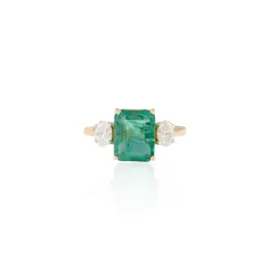 18K Gold Emerald Diamond Three Stone Ring