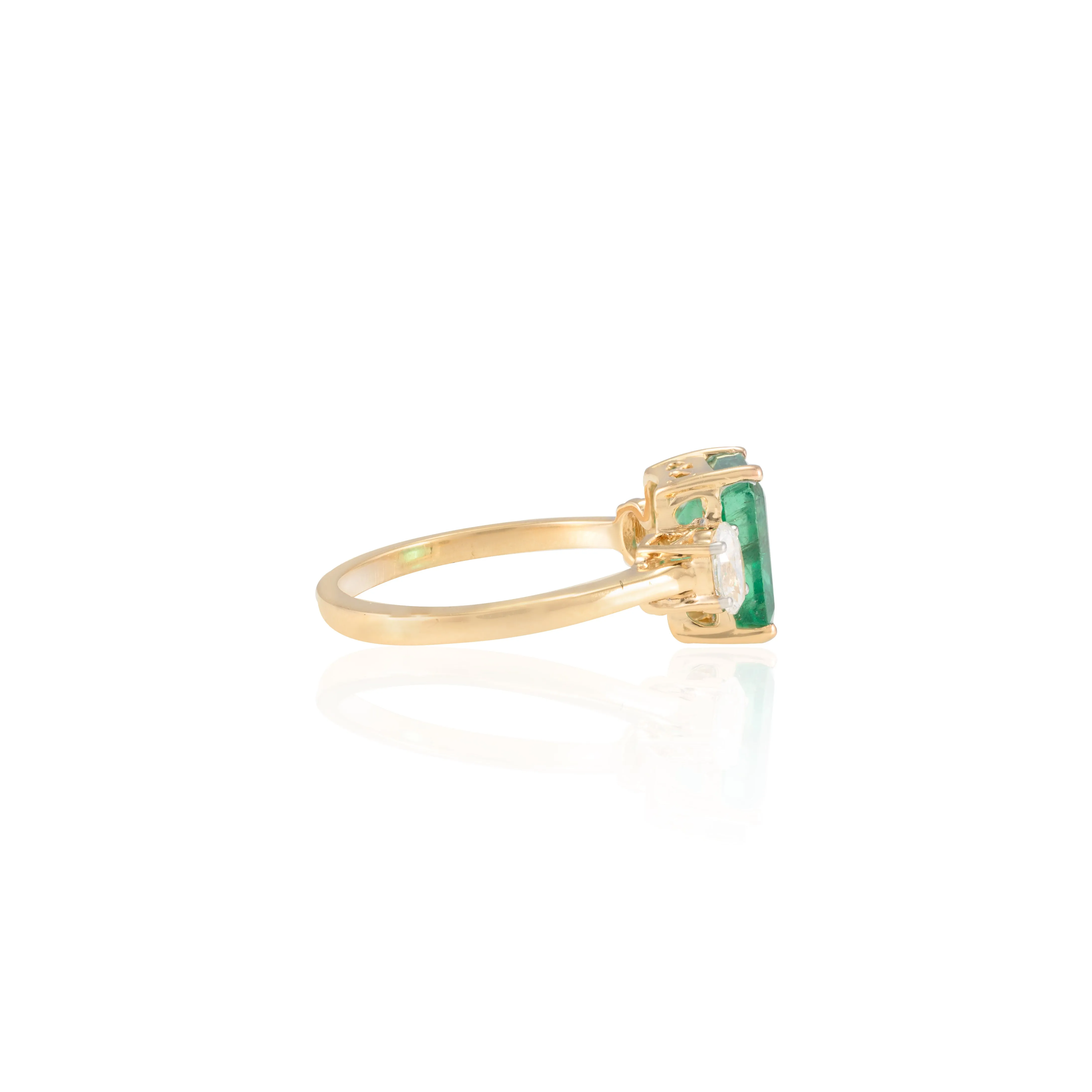 18K Gold Emerald Diamond Three Stone Ring