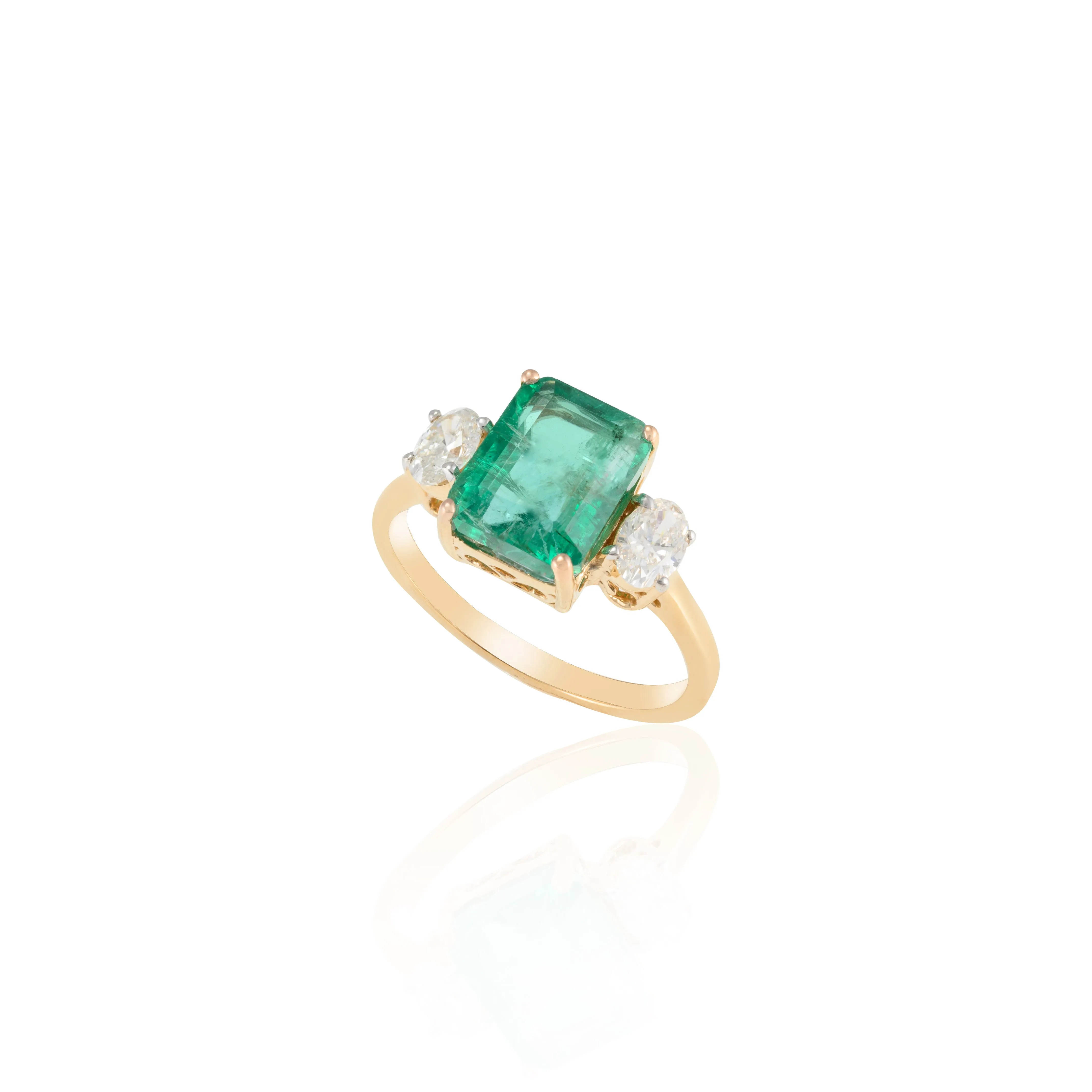 18K Gold Emerald Diamond Three Stone Ring