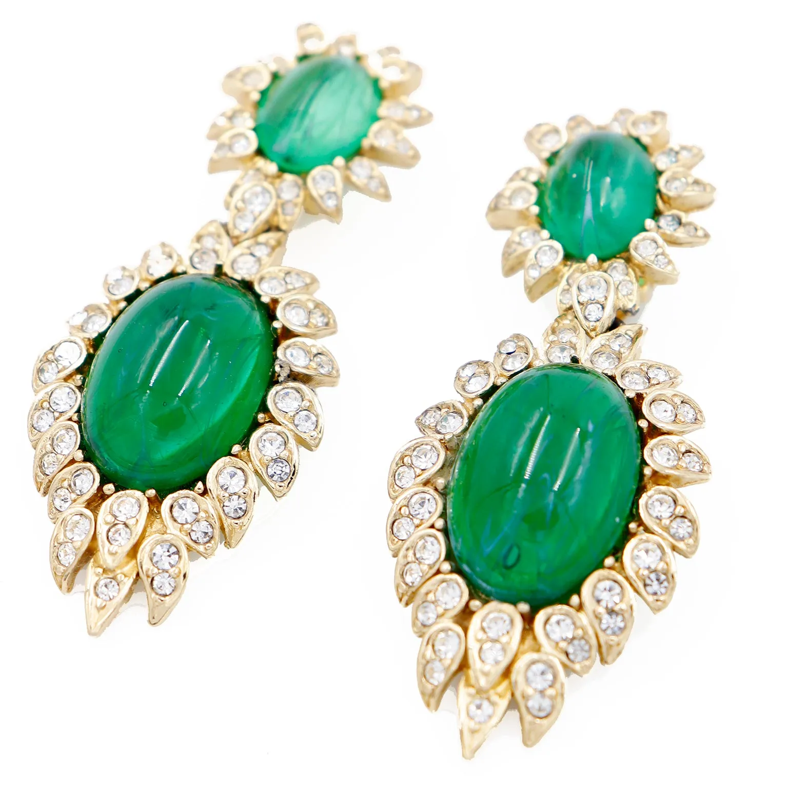 1980s Vintage Ciner Green Drop Statement Earrings w Crystals