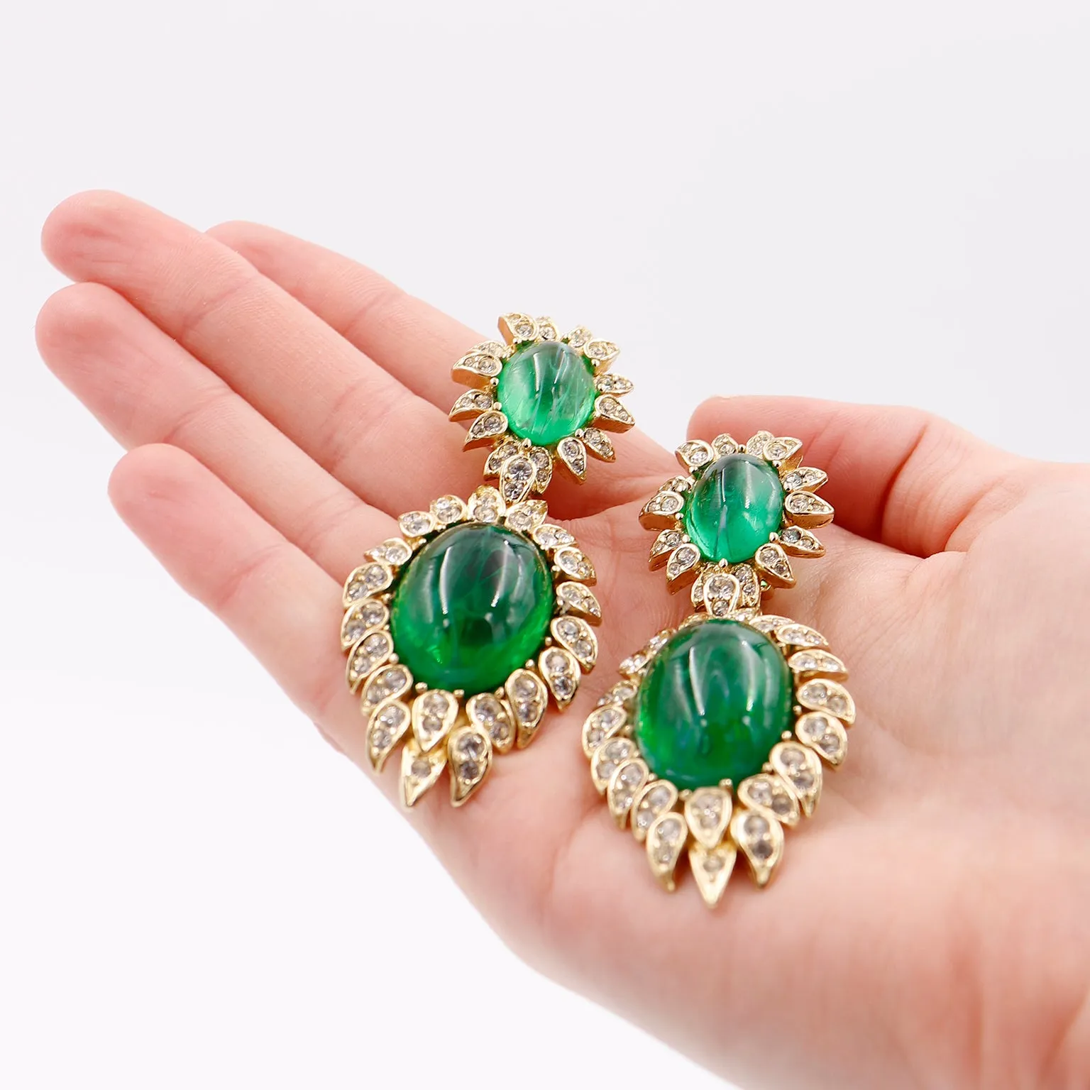 1980s Vintage Ciner Green Drop Statement Earrings w Crystals