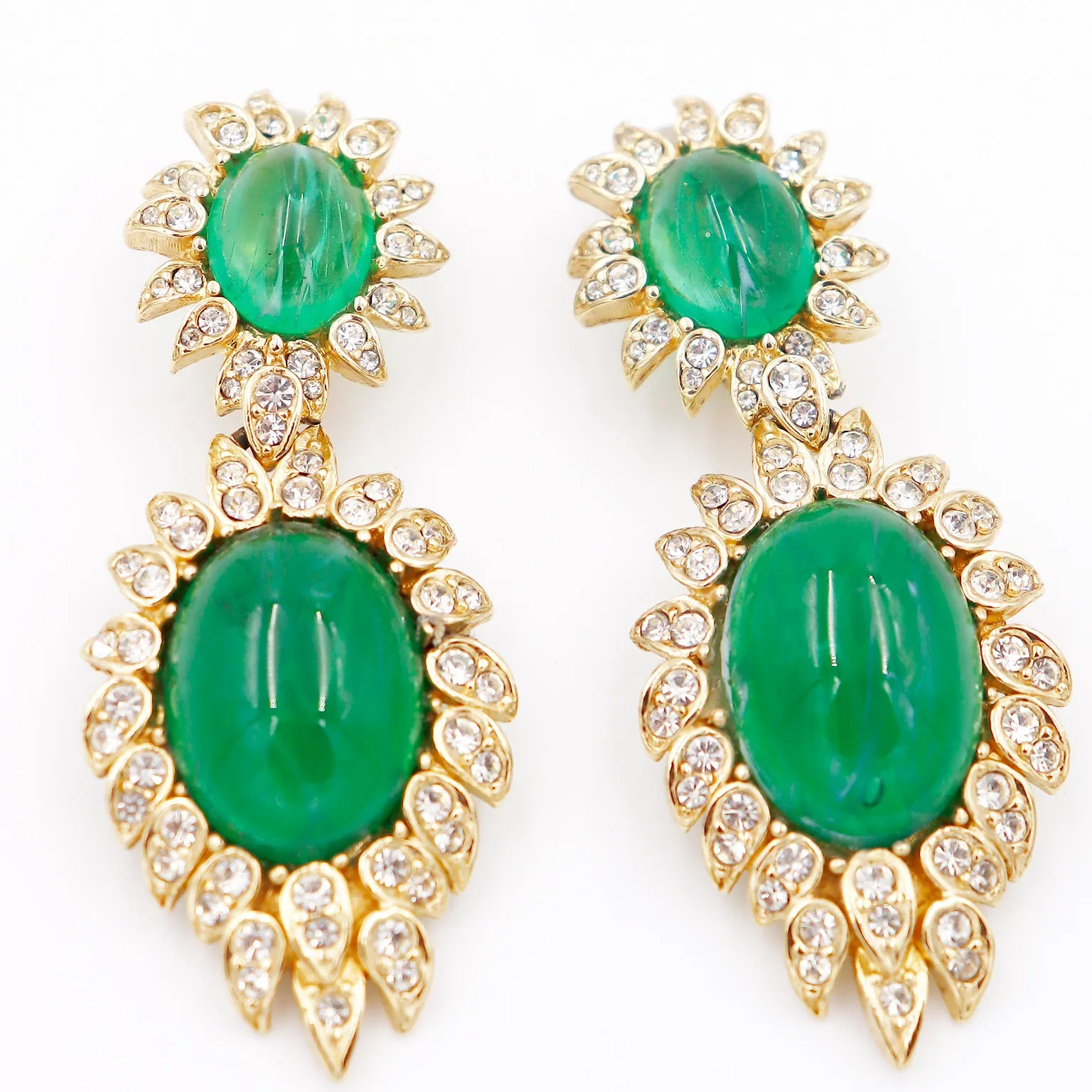 1980s Vintage Ciner Green Drop Statement Earrings w Crystals