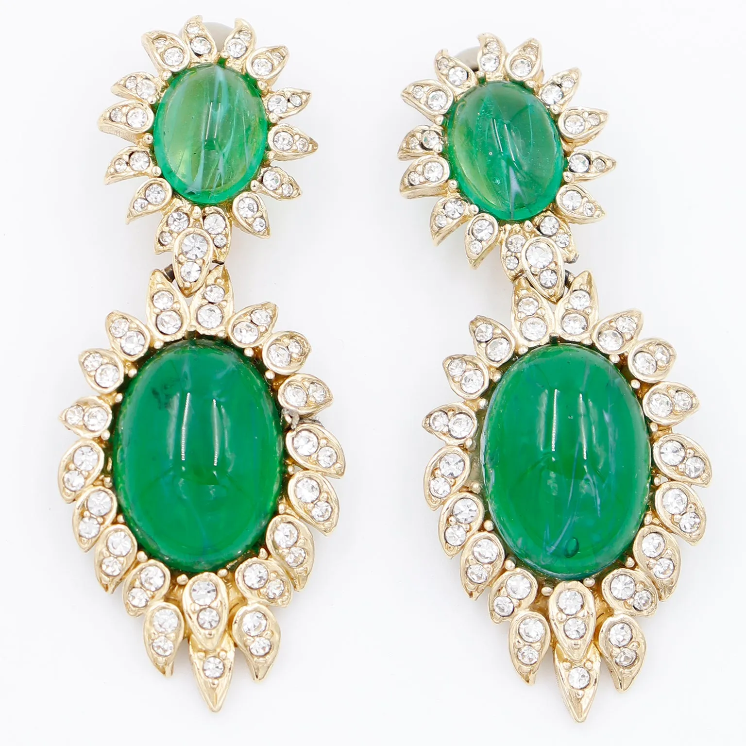 1980s Vintage Ciner Green Drop Statement Earrings w Crystals