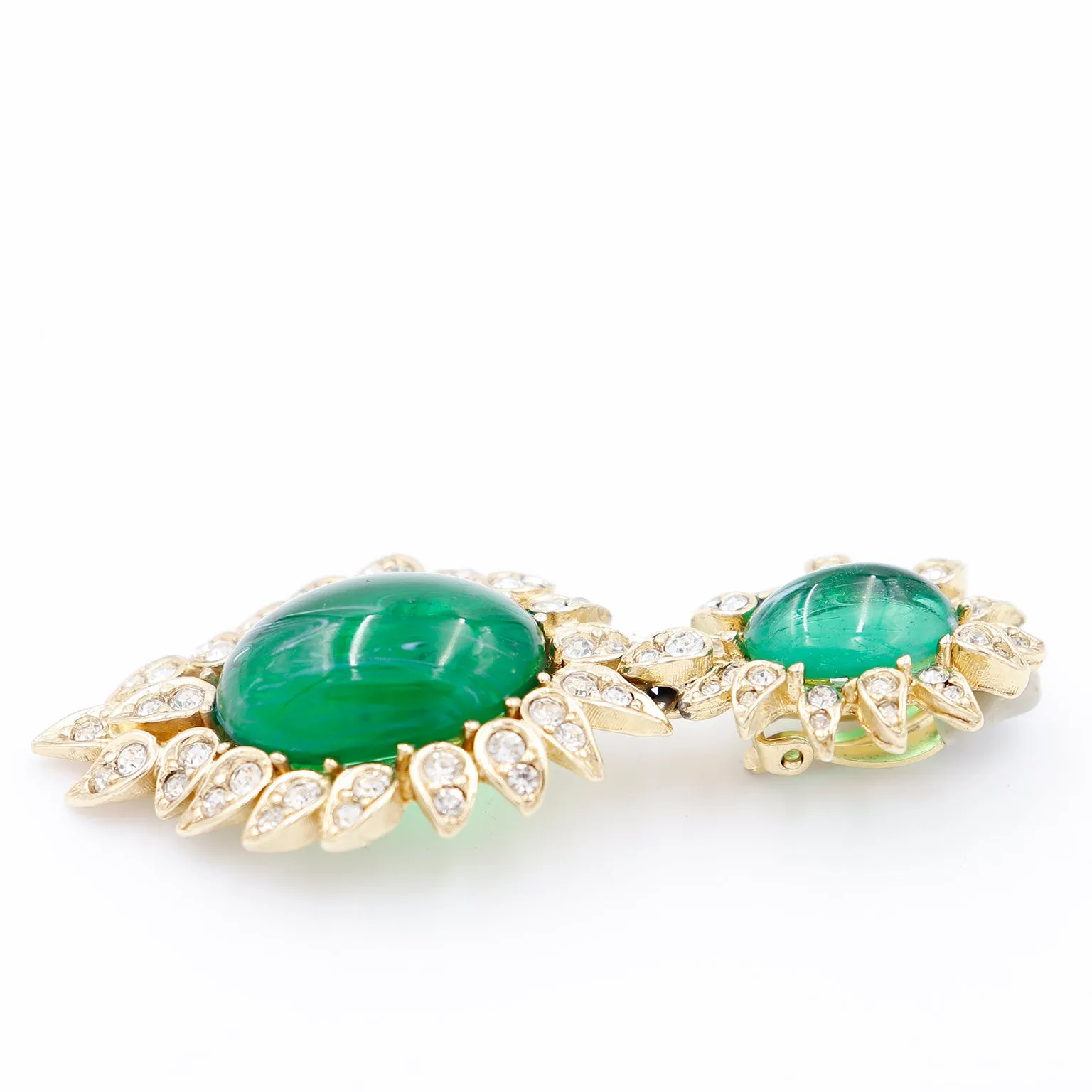 1980s Vintage Ciner Green Drop Statement Earrings w Crystals