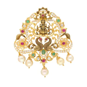 22K Yellow Gold Laxmi Pendant w/ Emeralds, Rubies, CZ, and Pearls (21.2gm)