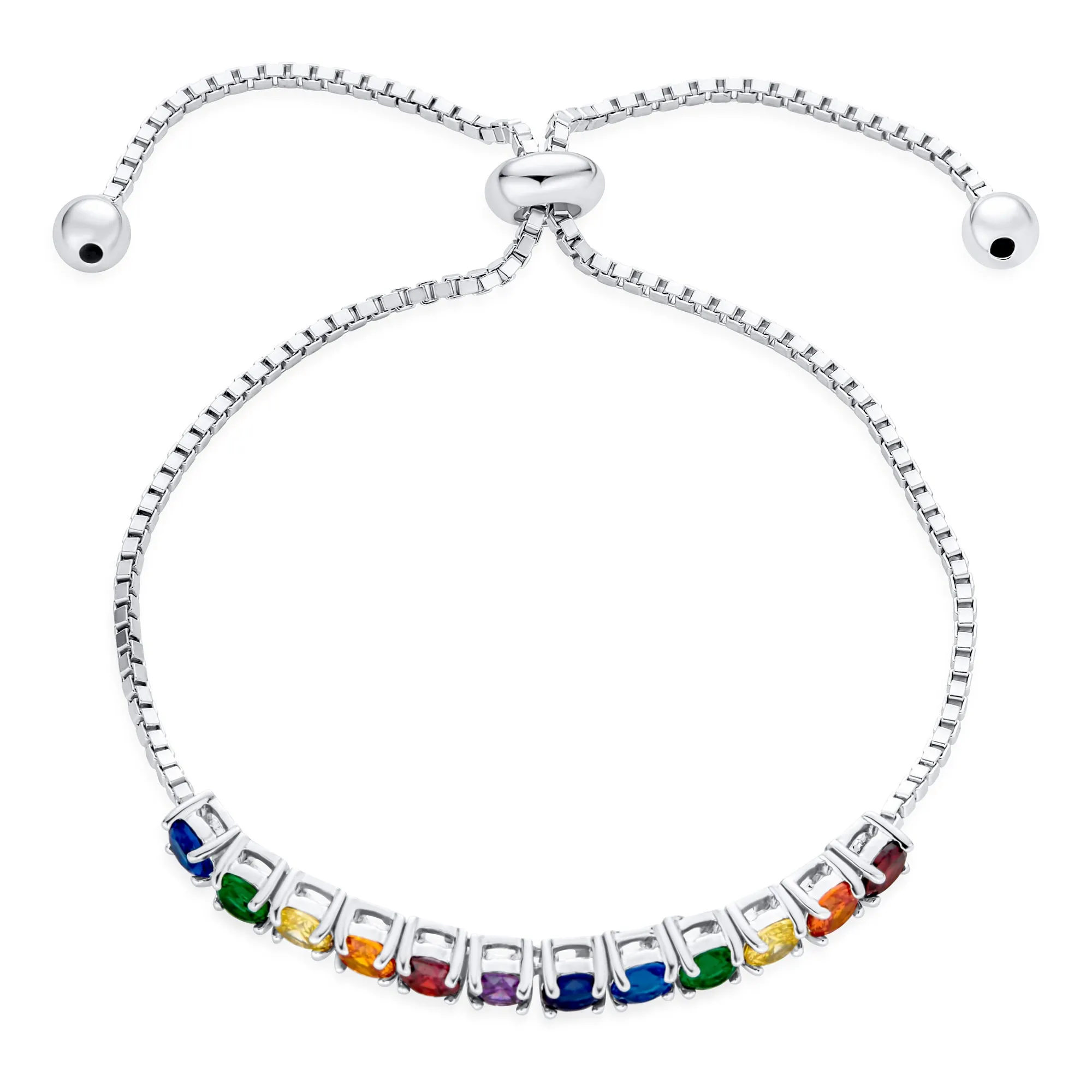 3CTW CZ Rainbow Bolo Style Tennis Bracelet Rhodium Plated Sterling Silver