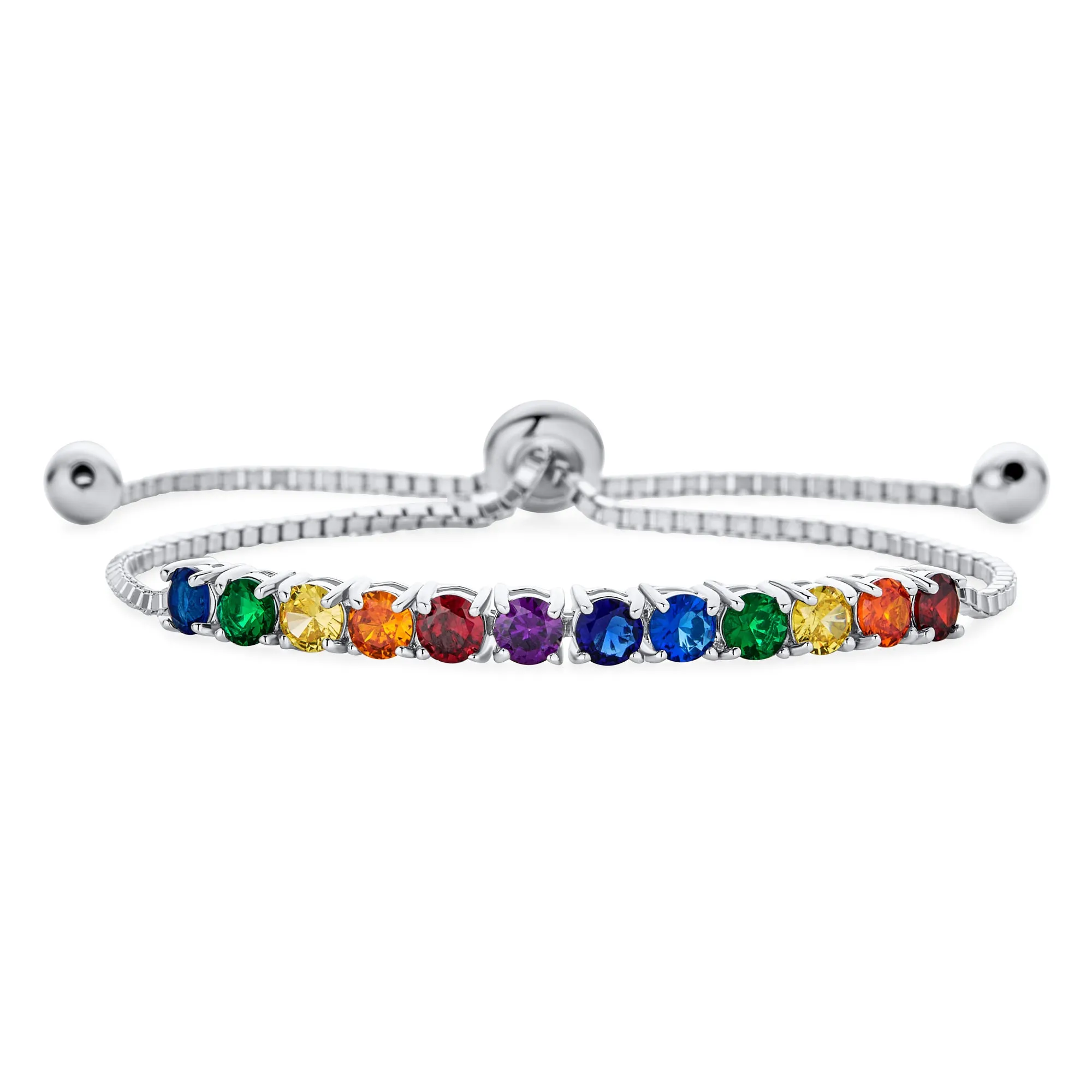 3CTW CZ Rainbow Bolo Style Tennis Bracelet Rhodium Plated Sterling Silver