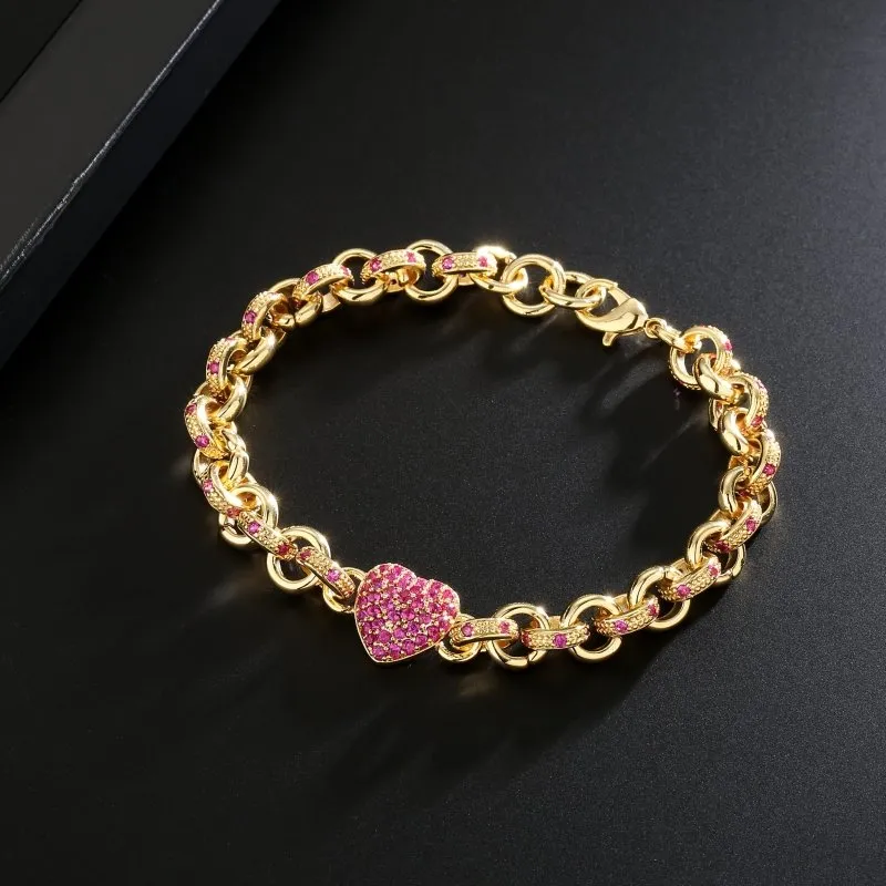 8mm Gold Red Heart Charm Belcher Bracelet 7.5 Inch