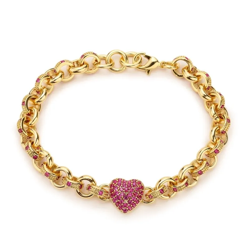 8mm Gold Red Heart Charm Belcher Bracelet 7.5 Inch