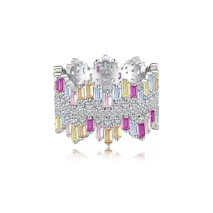 925 Silver Irregular Square Colorful CZ Diamond Ring