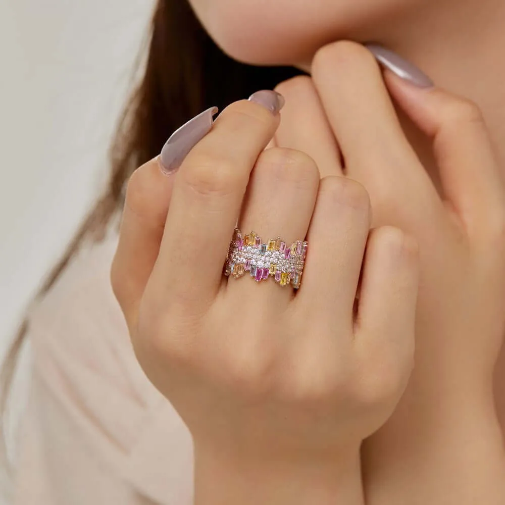 925 Silver Irregular Square Colorful CZ Diamond Ring